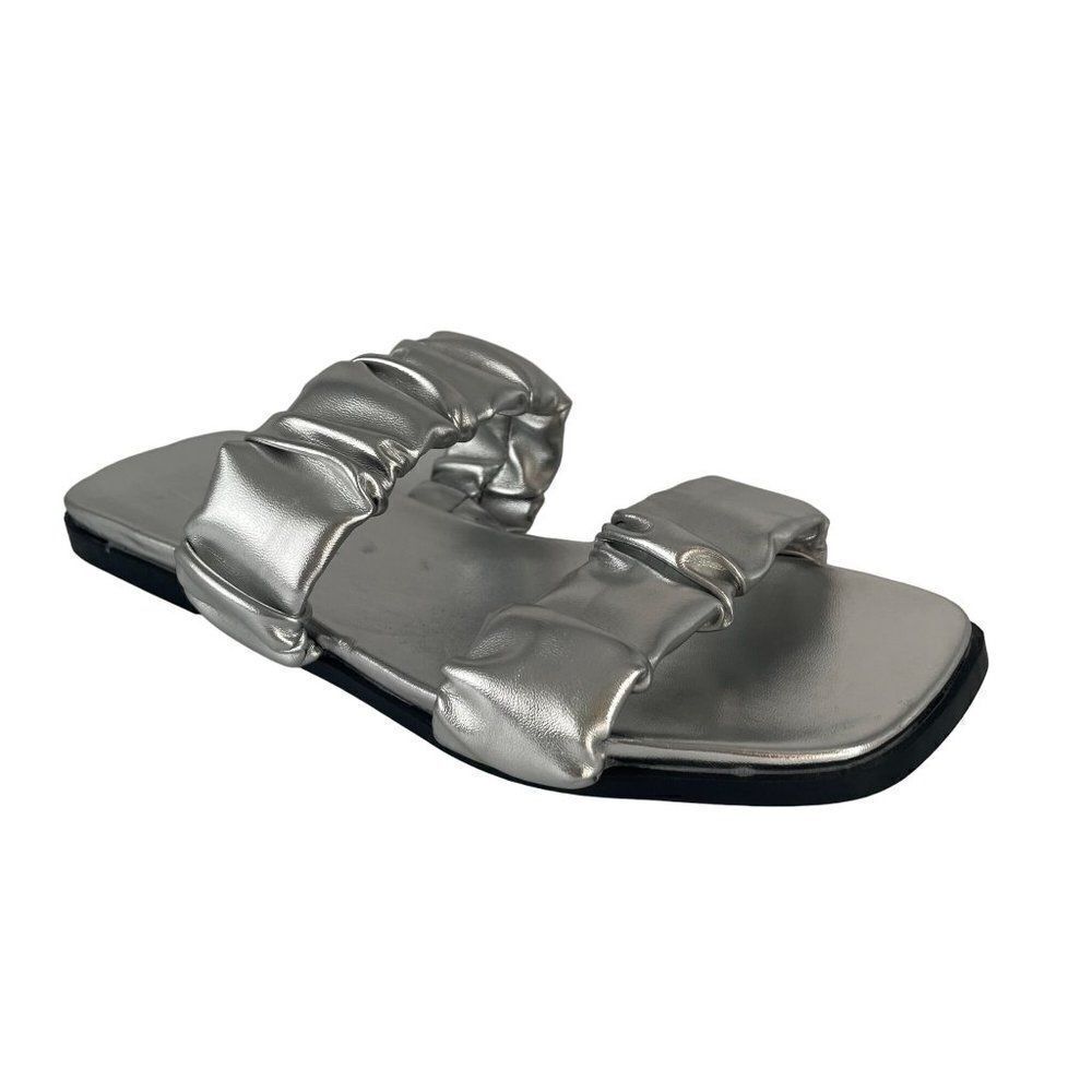 Silver Metallic Puffy Padded Sandal Shoe‎ Square Toe Sz 5 Summer Vacation Casual